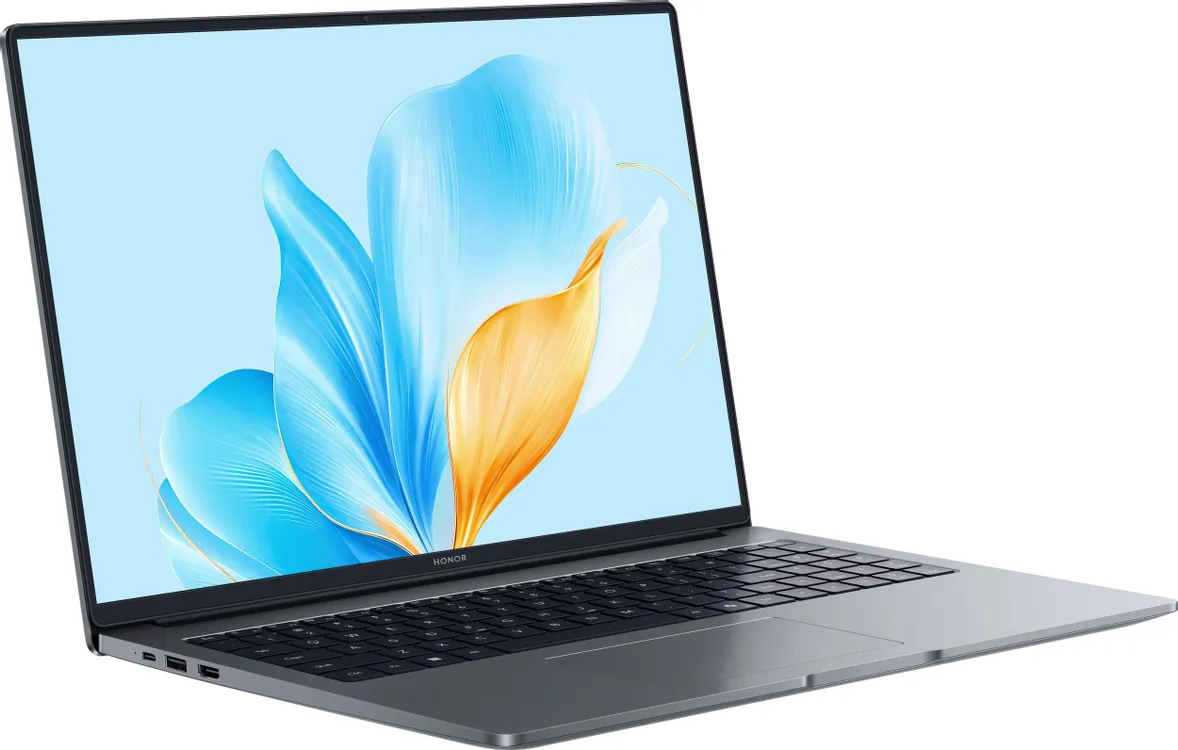 Honor MagicBook X 16 вид под углом спереди — клавиатура, трекпад и IPS-экран