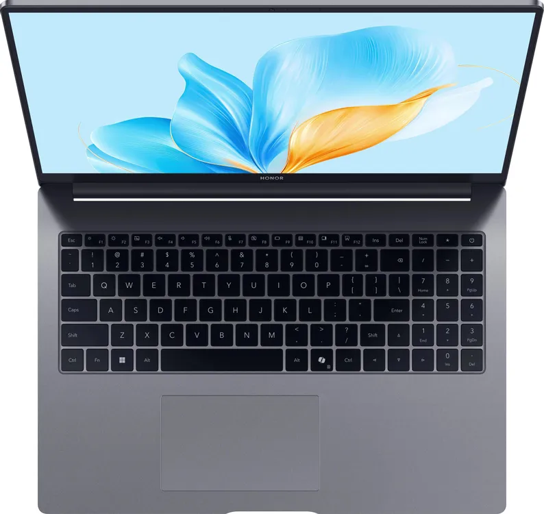 Honor MagicBook X 16 вид сверху — полноразмерная клавиатура с подсветкой и большой трекпад