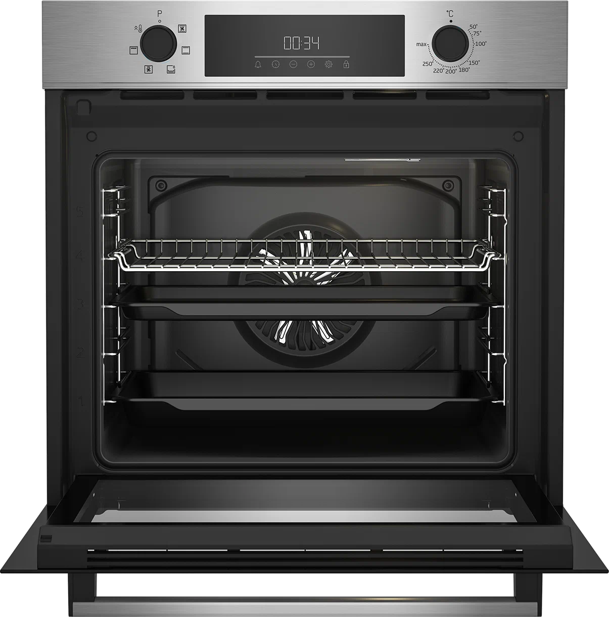 Beko BBIE123002XD встраиваемый духовой шкаф с открытой дверцей &mdash; вид спереди