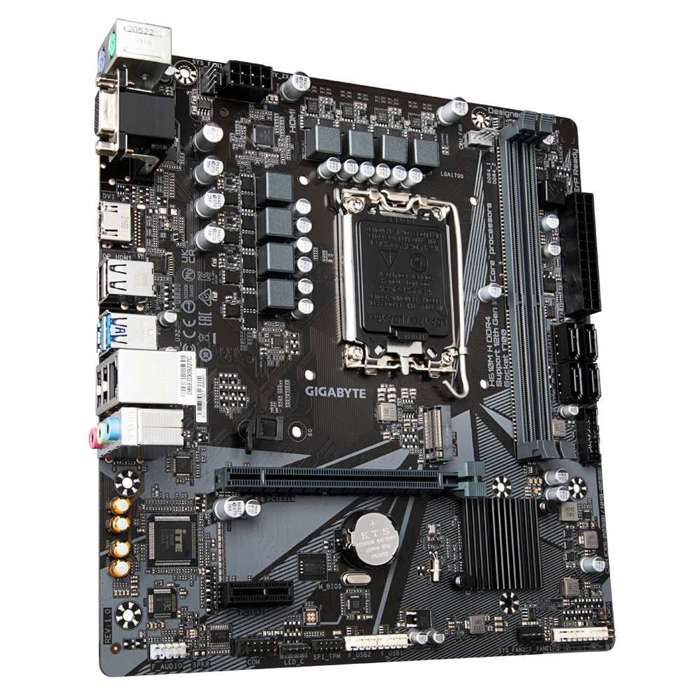 Gigabyte H610M H DDR4 вид спереди — сокет LGA 1700, слоты DDR4 DIMM, VRM подсистема питания
