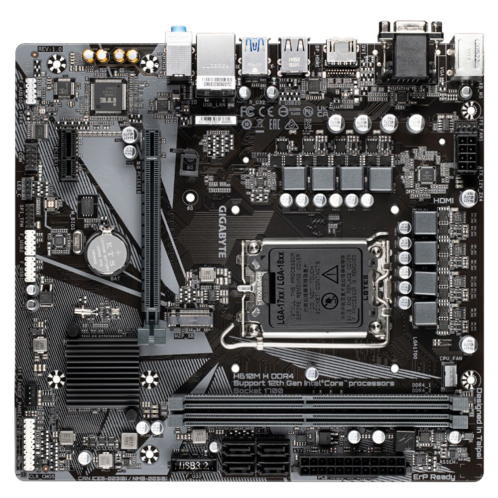 Gigabyte H610M H DDR4 вид сверху — слоты DDR4, M.2 разъём, USB 3.2, HDMI выход, форм-фактор mATX