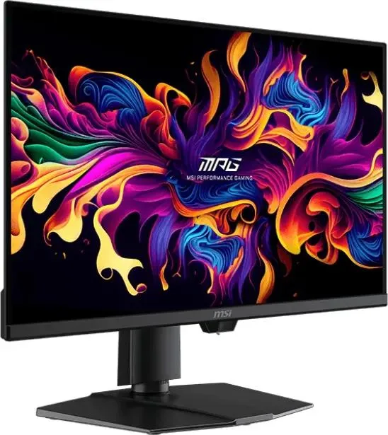 MSI MPG 271QR вид спереди &mdash; QD-OLED монитор 27 дюймов на регулируемой подставке с яркой абстрактной сценой на экране