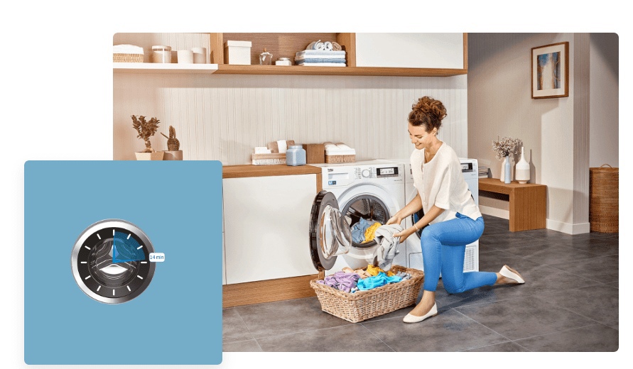 Beko Beyond B3WFR572WB стиральная машина фронтальная загрузка белья в интерьере прачечной