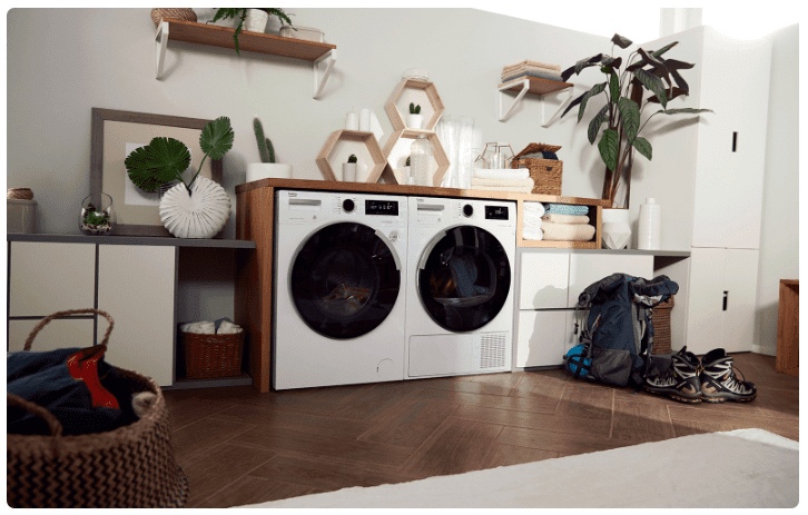 Beko Beyond B3WFR572WB две стиральные машины и сушильная машина в комплекте прачечная интерьер