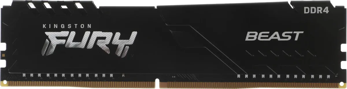 Kingston Fury Beast KF432C16BB/4 DDR4 4ГБ 3200 МГц — вид спереди, чёрный радиатор с логотипом Fury