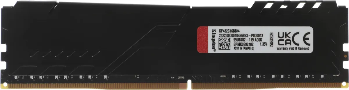 Kingston Fury Beast KF432C16BB/4 DDR4 — вид сзади, наклейка со спецификацией и сертификация UKC CE