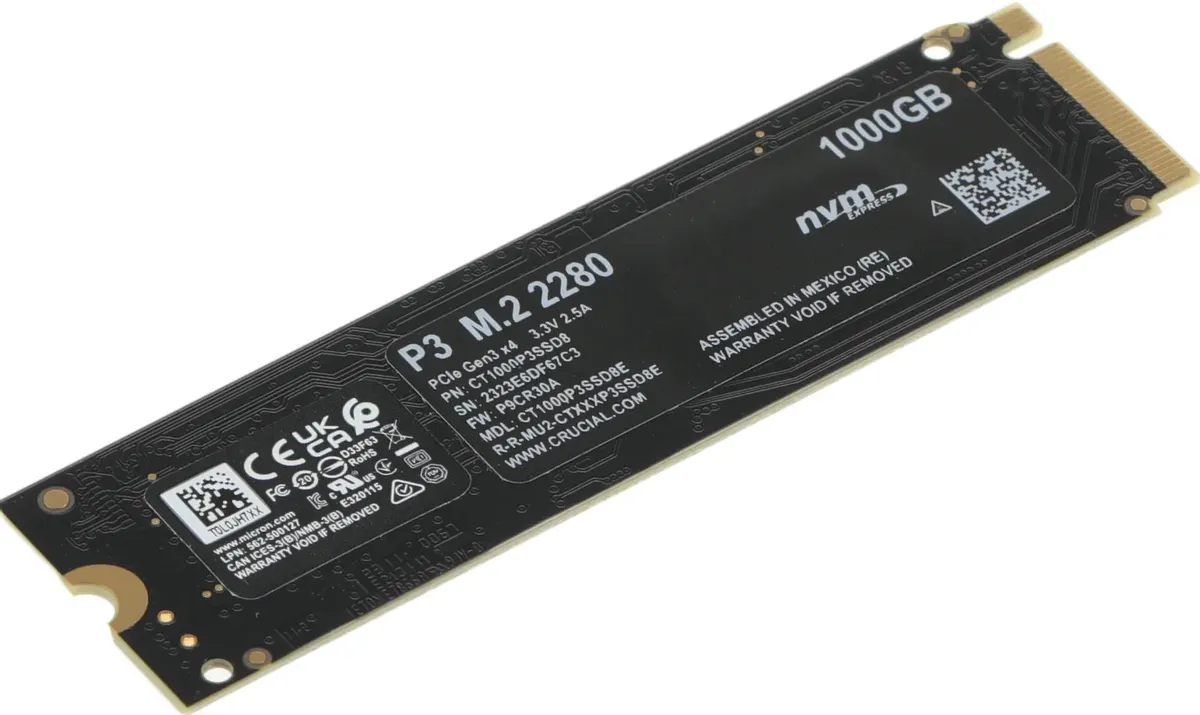 Crucial P3 CT1000P3SSD8 обратная сторона маркировка 1000GB серийный номер сертификаты CE FCC