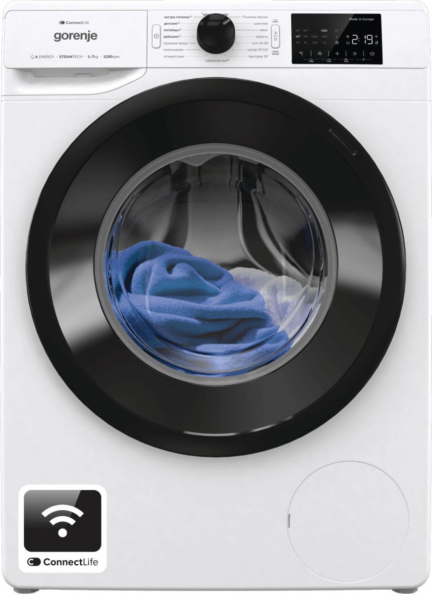 Gorenje WPNEI72SA1SWIFI/C вид спереди с загруженным бельём панель управления ConnectLife
