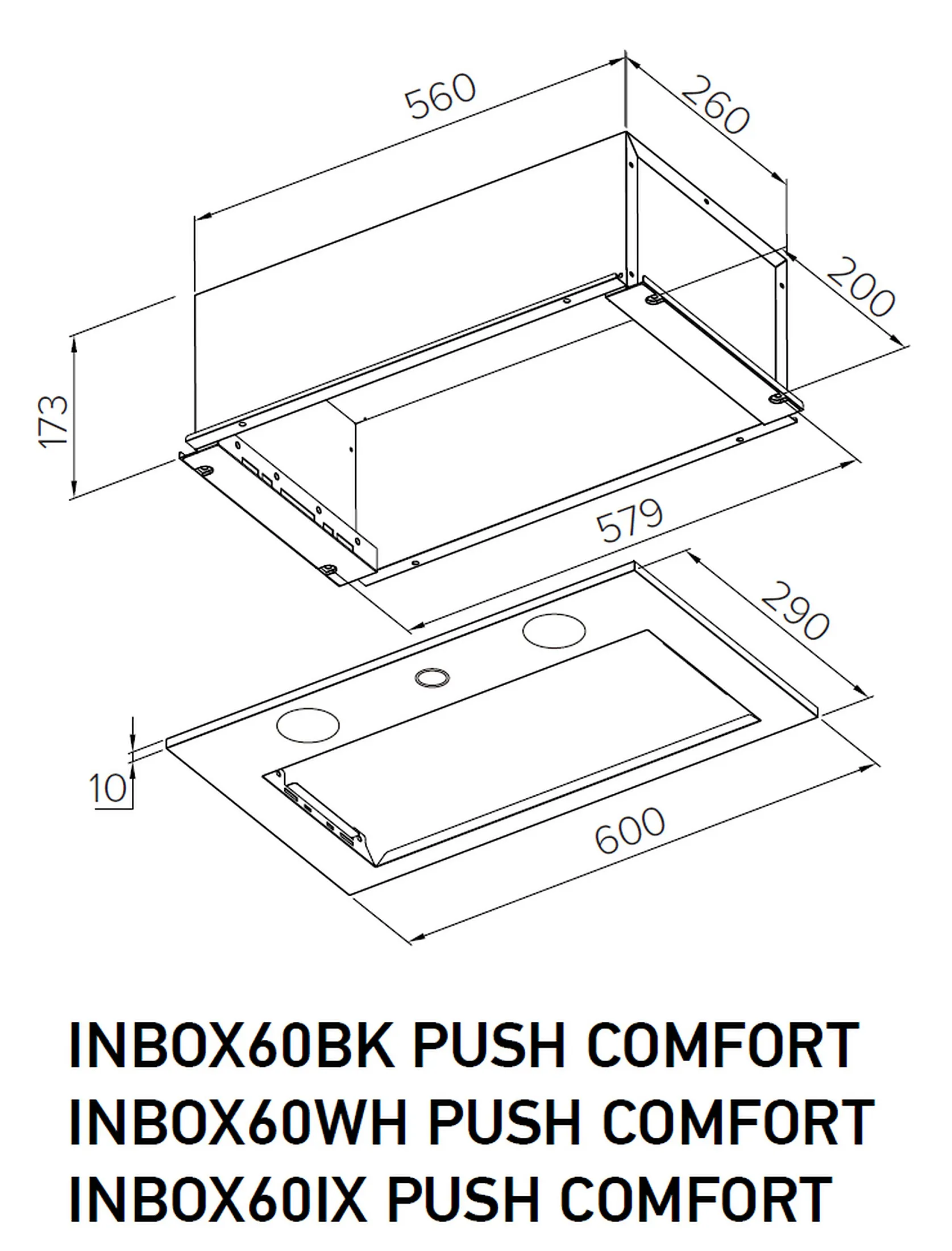 Meferi Inbox push comfort 60ix технический чертёж габариты и конструкция встраиваемой вытяжки