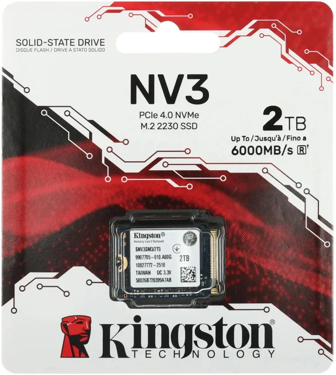 Упаковка Kingston NV3 2TB PCIe 4.0 NVMe скорость 6000 МБ/с красный дизайн логотип Kingston