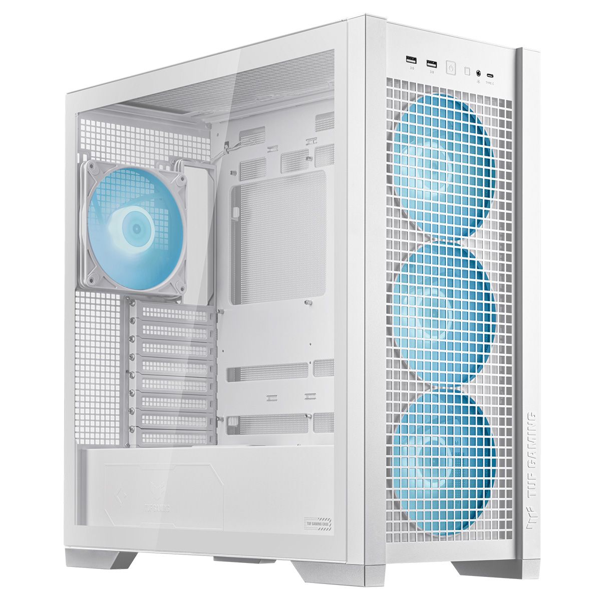 ASUS TUF Gaming GT302 ARGB белый — вид спереди под углом, сетчатая фронтальная панель и три вентилятора