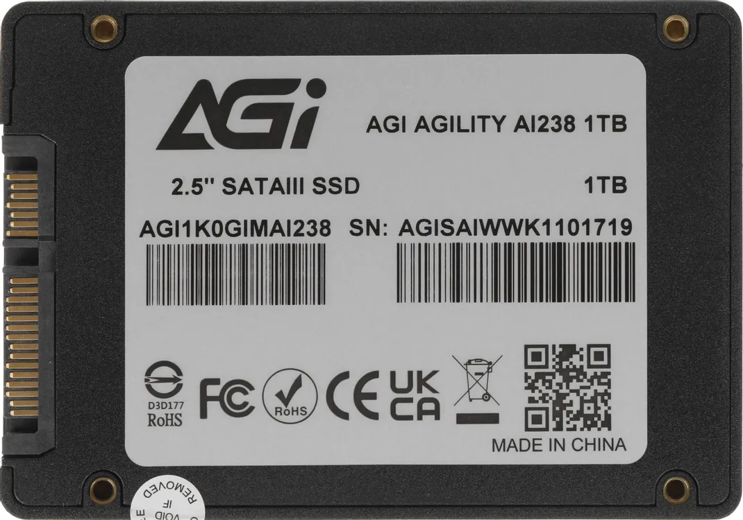 AGI AI238 1ТБ этикетка с техническими характеристиками и разъёмами SATA III