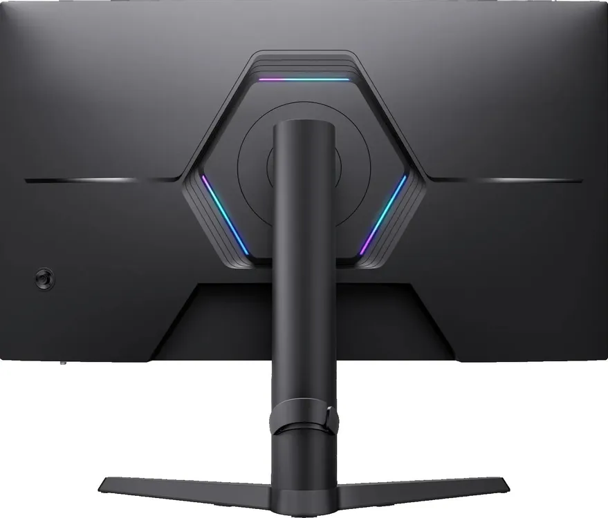 Hisense 27G6Q-PRO вид сзади RGB подсветка фиолетово-голубые акценты подставка