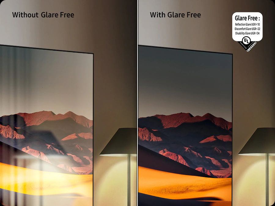 Samsung MRE85R95H Glare Free — антибликовое покрытие, сертификат UL Verified UGR меньше 10, сравнение с экраном без покрытия