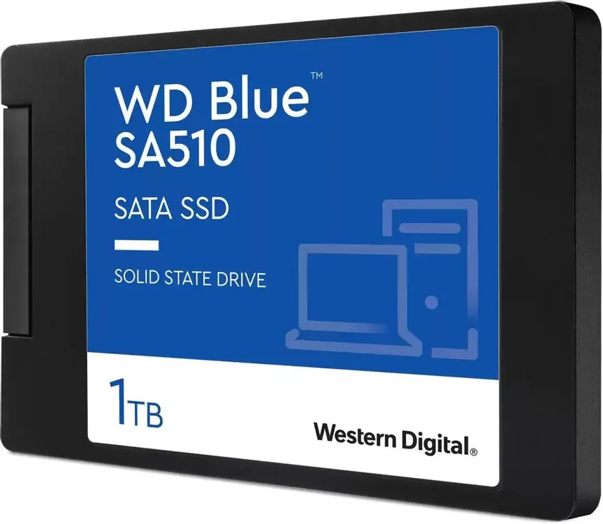 Western Digital WD Blue SA510 1TB вид под углом — форм-фактор 2.5 дюйма и толщина 7 мм корпуса