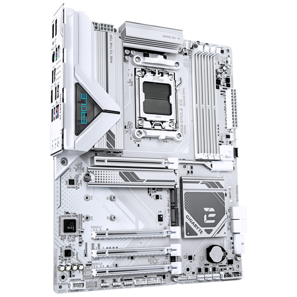 Gigabyte B850 Eagle Ice вид сверху под углом — сокет AM5, радиаторы VRM, слоты DDR5 и RGB-подсветка