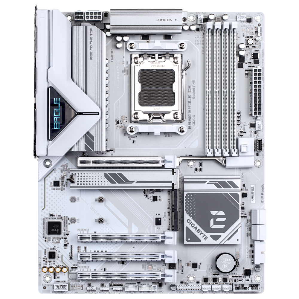 Gigabyte B850 Eagle Ice вид сверху — полная раскладка разъёмов, слоты PCIe, SATA, USB и управляющие кнопки