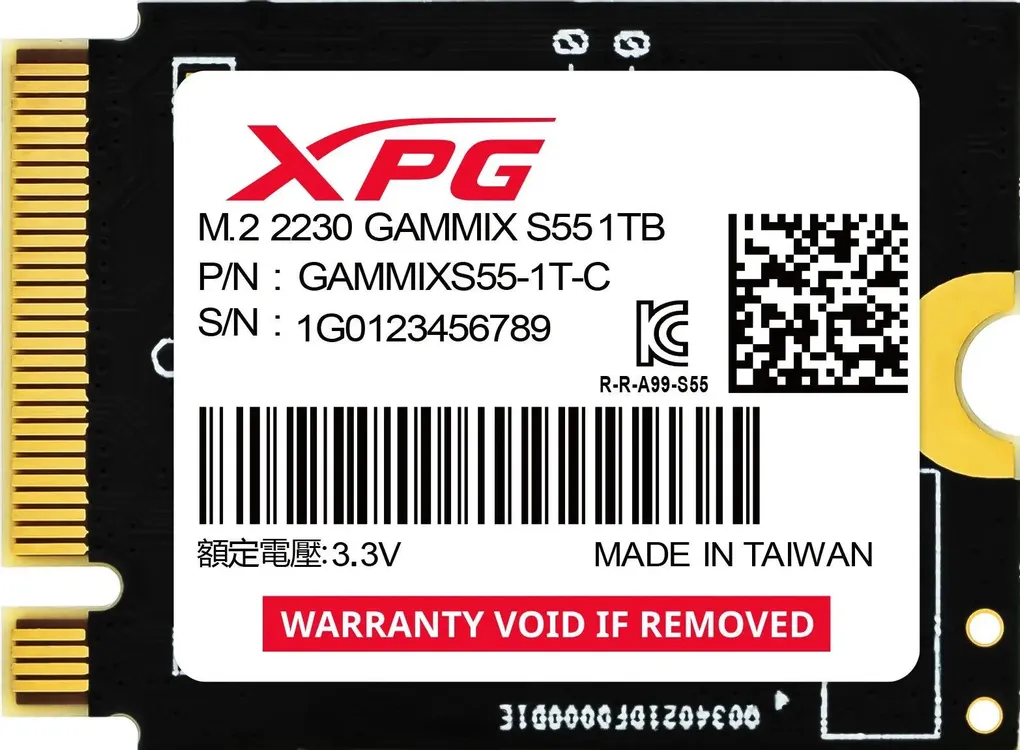 ADATA XPG Gammix S55 1TB — этикетка с характеристиками, серийным номером и гарантийной информацией