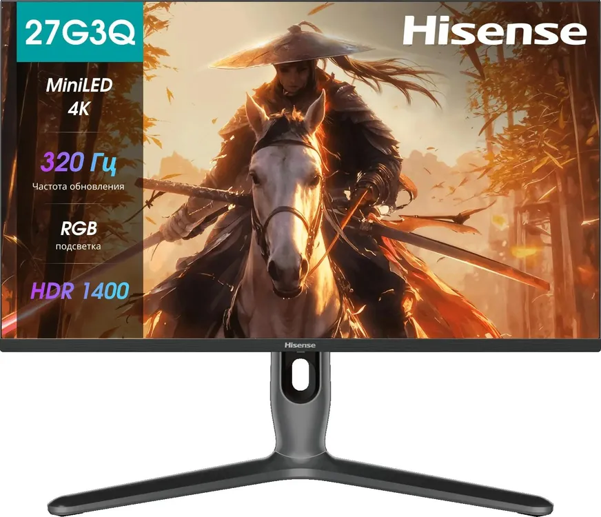 Hisense 27G7Q-PRO монитор вид спереди с включённым экраном 4K HDR Mini LED
