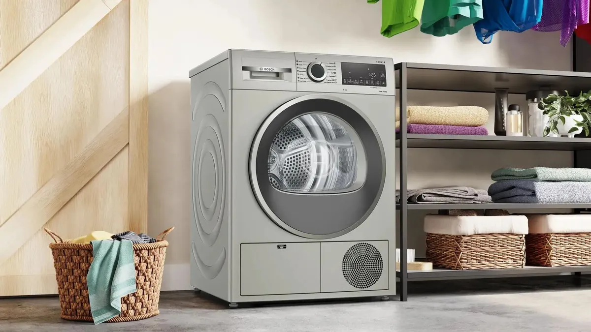 Bosch WQG1420XME сушильная машина серебристый корпус фронтальный вид