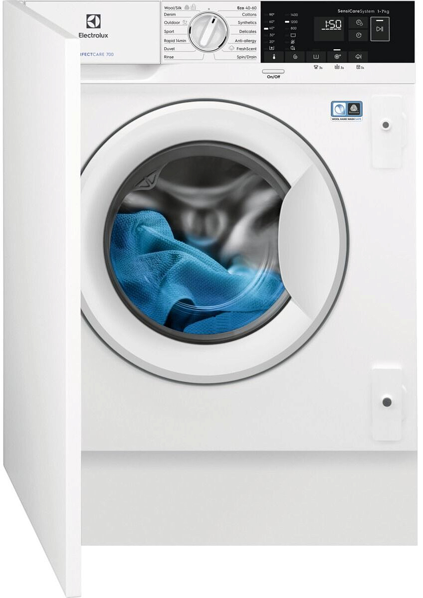 Electrolux EWN7F447WI фронтальный вид встраиваемой стиральной машины белый корпус панель управления с дисплеем SemiCareSystem