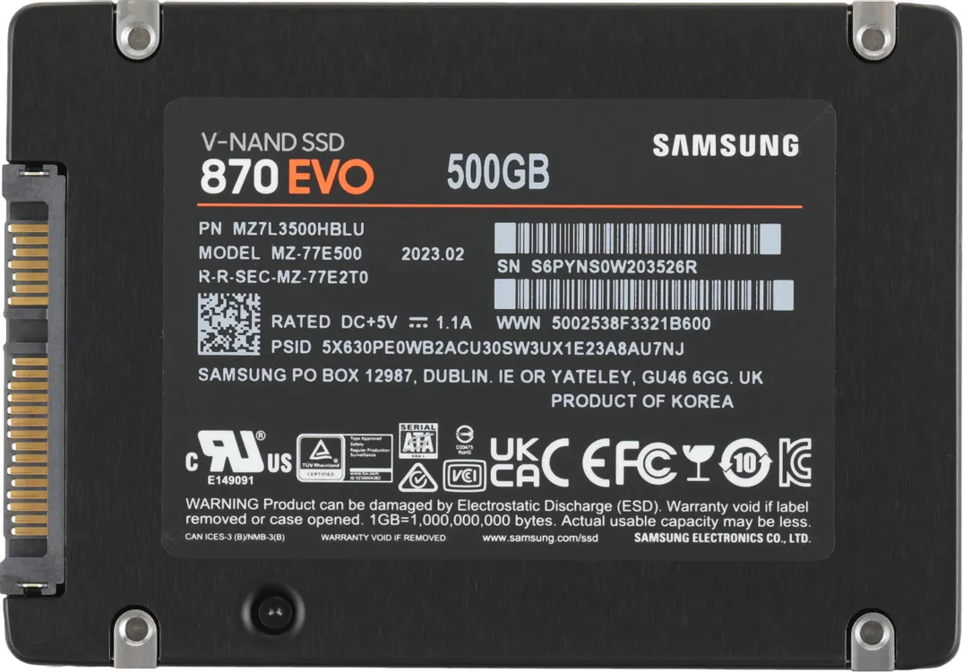 Samsung 870 EVO 500 ГБ — тыльная сторона с маркировкой MZ-77E500B/EU и техническими характеристиками