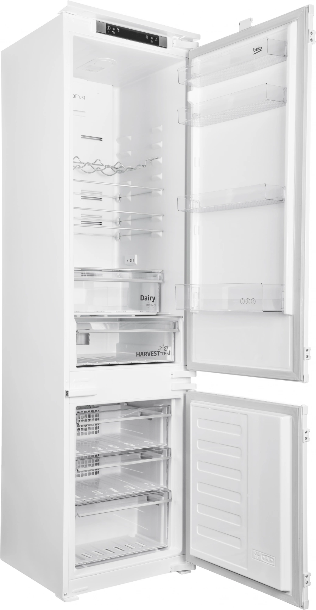 Beko BCNA306E3S встраиваемый холодильник открытые дверцы полки и морозильные ящики