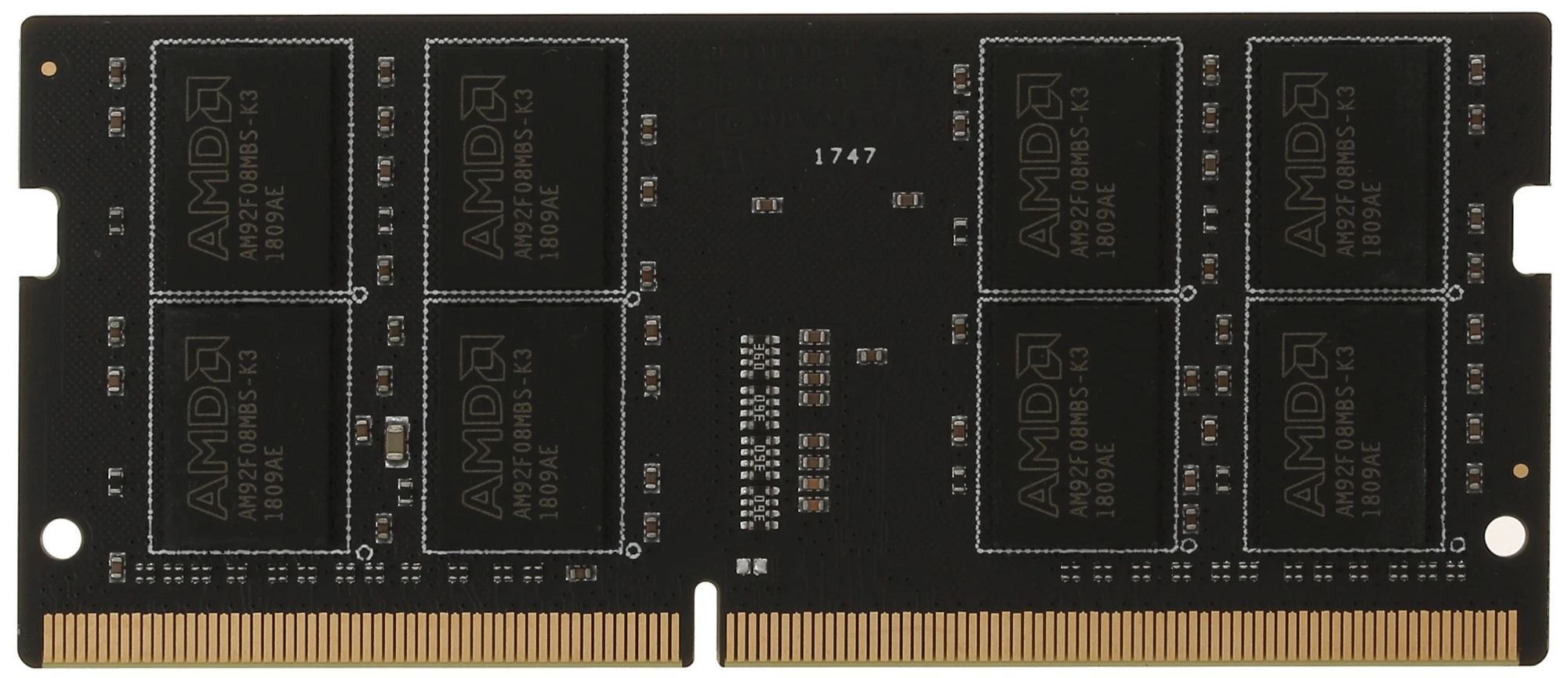 AMD Performance R7416G2400S2S-U — обратная сторона модуля DDR5 SODIMM с чипами памяти и золотыми контактами
