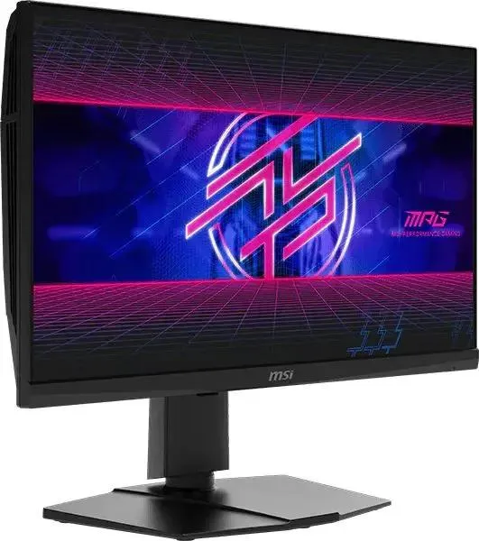 MSI MPG 242R X60N вид спереди под углом с неоновой графикой на экране