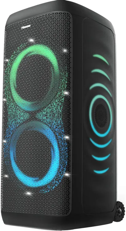 Hisense Party Thunder 620W вид спереди — трёхполосная акустика с неоновой подсветкой