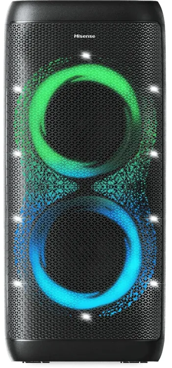 Hisense Party Thunder 620W крупный план — RGB-подсветка динамиков и логотип Hisense