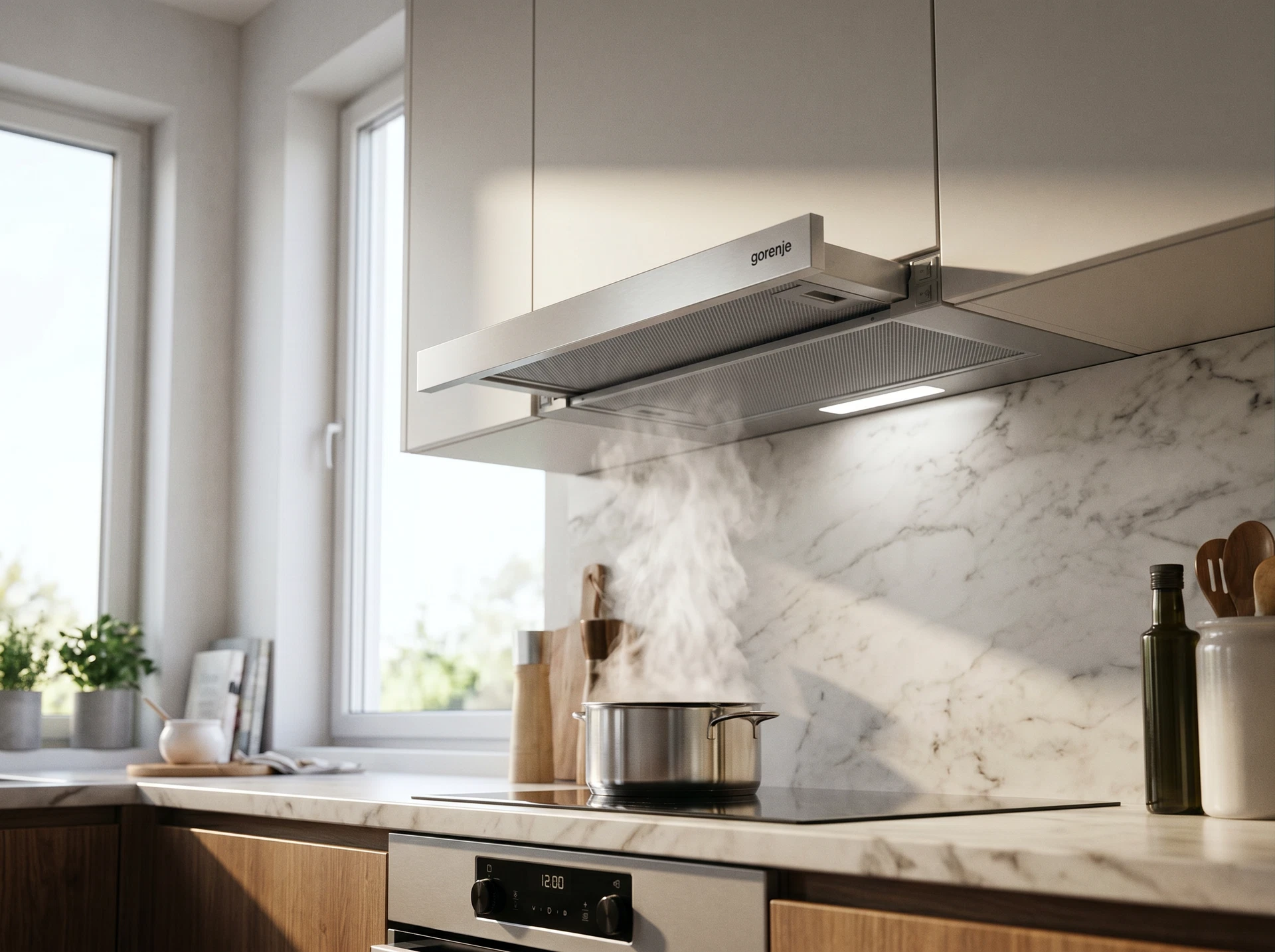Встраиваемая вытяжка Gorenje TH60E5X нержавеющая сталь в интерьере кухни