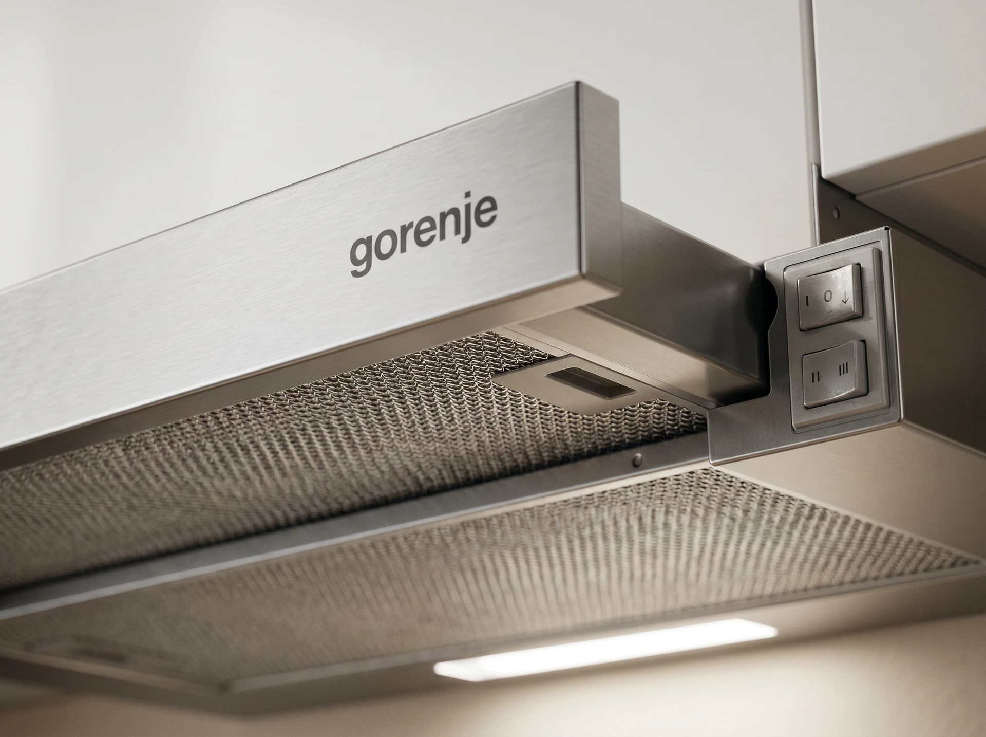 Gorenje TH60E5X встраиваемая вытяжка нержавеющая сталь выдвижной козырёк крупный план