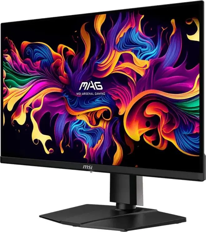 MSI MAG 271QP вид сбоку — тонкий профиль QD-OLED и регулируемая подставка