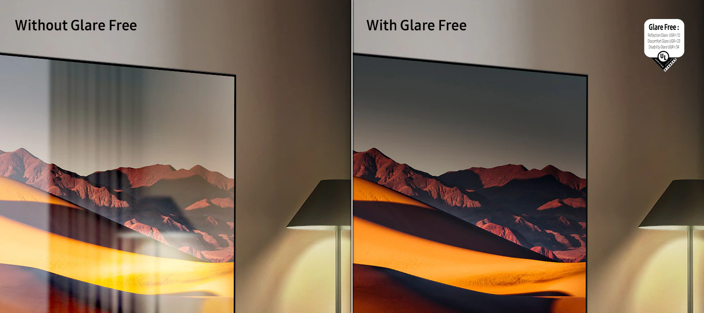 На экране телевизора без технологии Glare Free есть отвлекающие отражения. Рядом с ним на экране телевизора с технологией Glare Free четко виден вид на горы. Логотип UL Verified. Без бликов: Отражение бликов UGR < 10, Дискомфорт бликов < UGR 22, Ограничение бликов < 34. verifyUL.com&reg;. V166045.