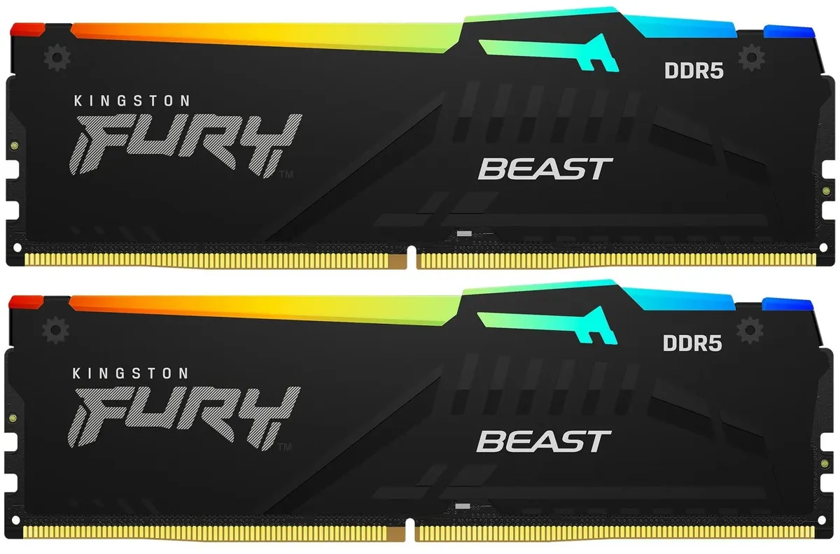 Kingston Fury Beast DDR5 KF556C36BBEAK2-64 два модуля с RGB подсветкой вид спереди