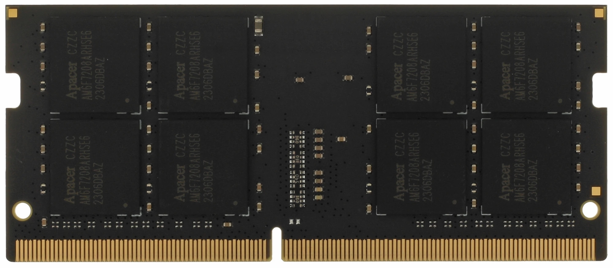 Apacer ES.32G21.PSI SODIMM DDR4 — вид снизу, микросхемы DRAM, золотые контакты разъёма и логотип Apacer