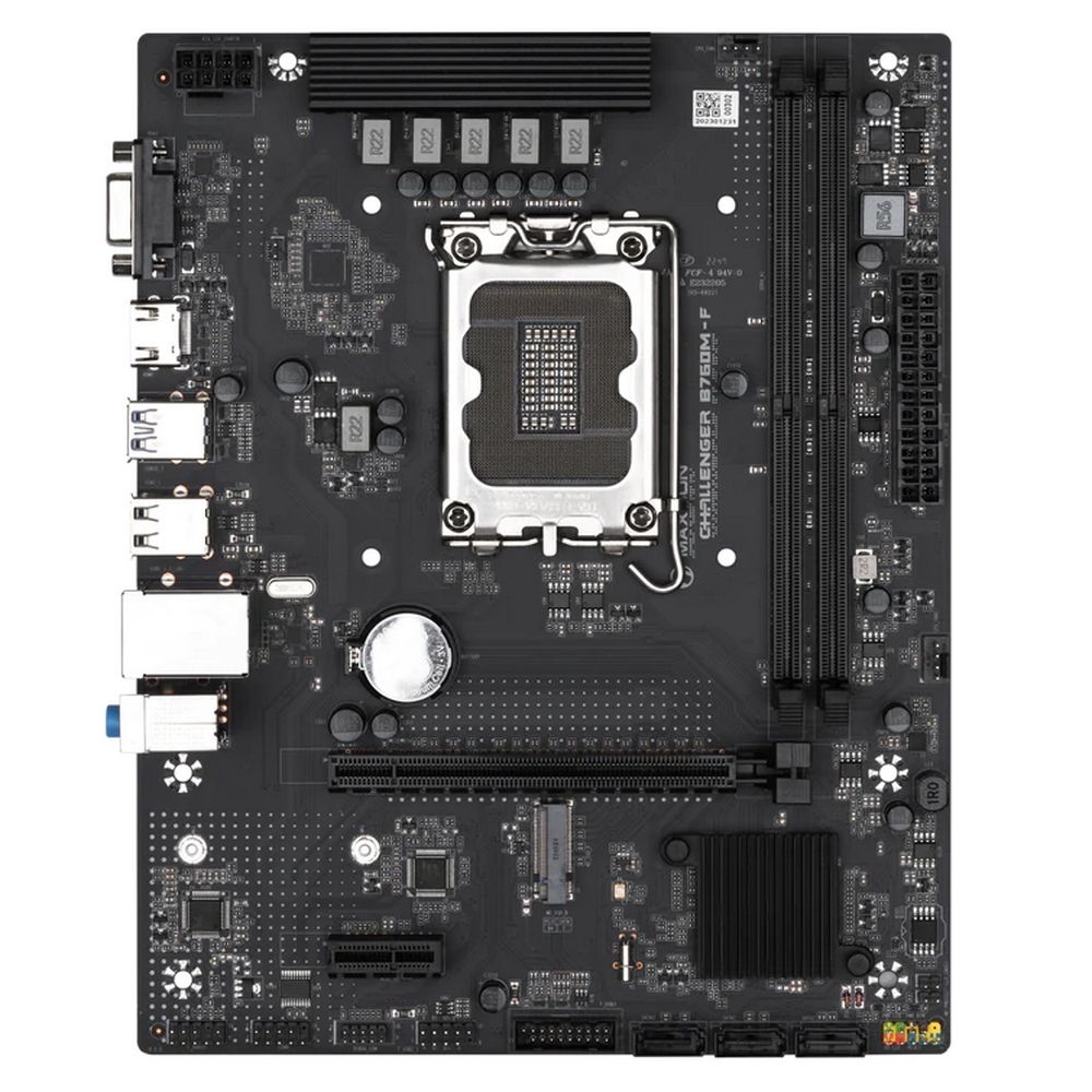 Maxsun MS-Challenger B760M-F вид сверху — процессорный сокет LGA 1700, слоты DDR4, разъёмы питания