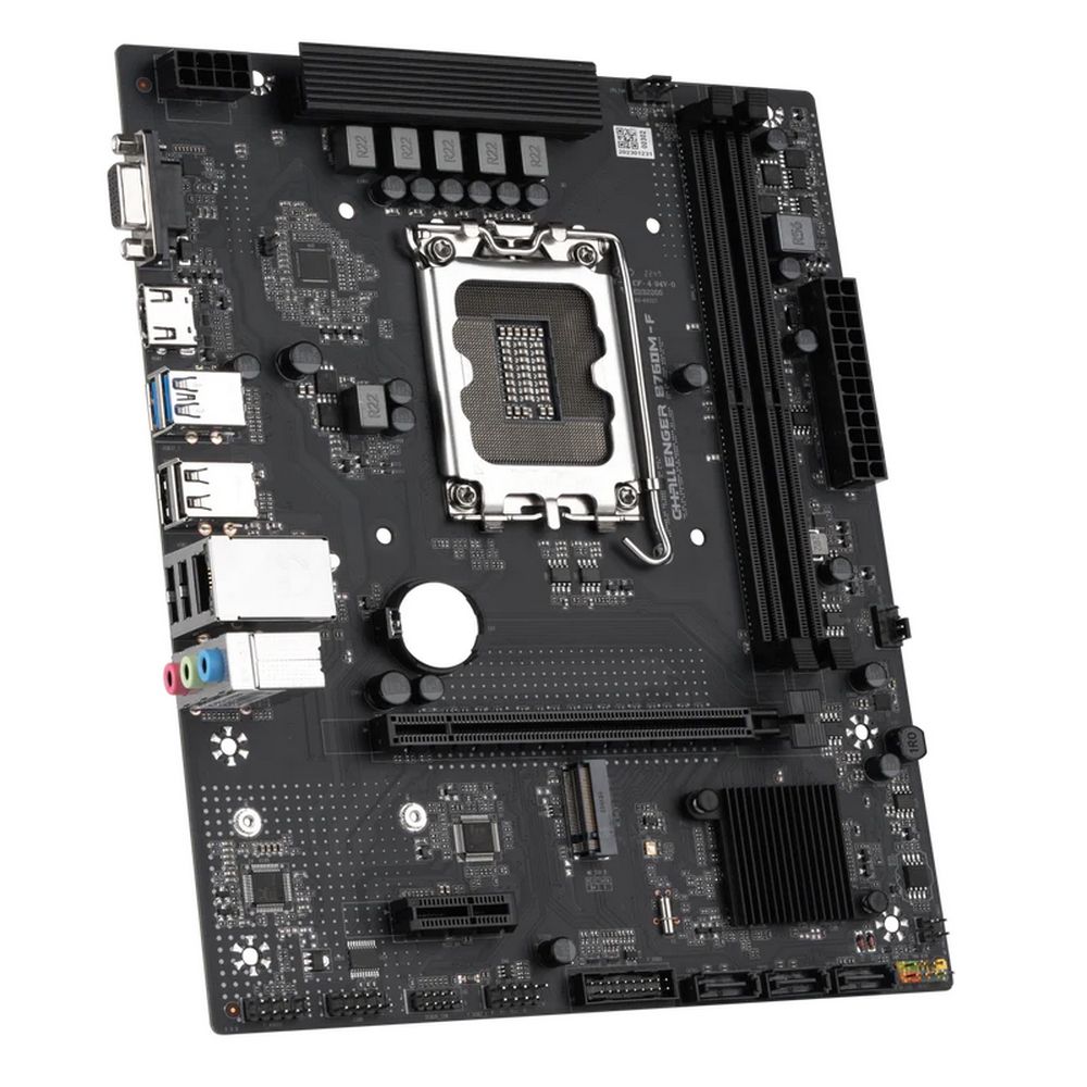 Maxsun MS-Challenger B760M-F под углом — разъёмы USB, аудио, архитектура платы mATX