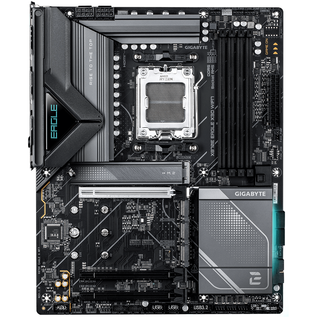 Gigabyte X870E Eagle X3D WiFi7 вид спереди — слоты памяти DDR5, разъёмы M.2, USB и коннекторы питания