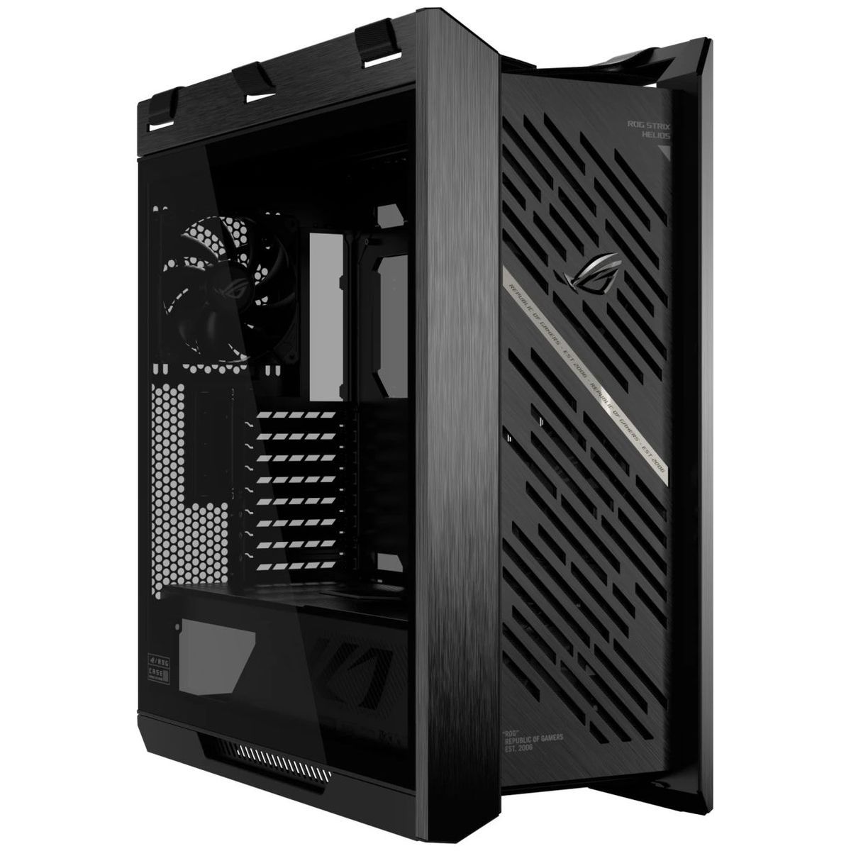 ASUS ROG Strix Helios II — вид спереди и сбоку с открытой левой панелью, внутренняя конструкция с вентилятором и кабель-менеджментом