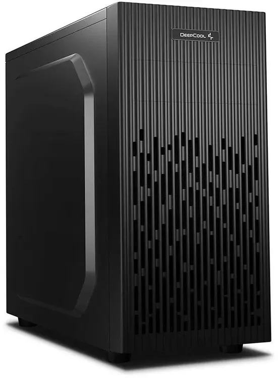 DeepCool MATREXX 30 SI вид под углом — чёрный металлический корпус с вертикальными рёбрами и боковой панелью из закалённого стекла