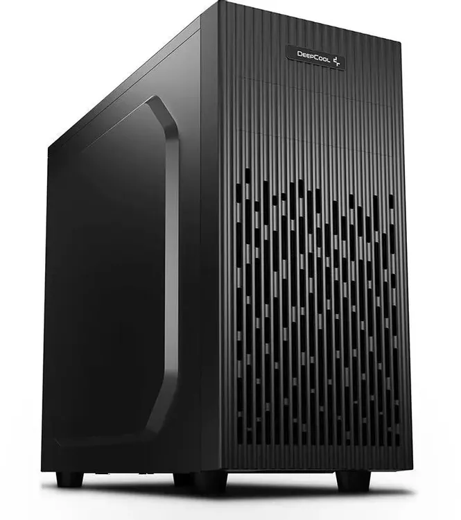 DeepCool MATREXX 30 SI вид спереди — чёрный Mini-Tower с прозрачной боковой панелью и вертикальными воздухозаборами