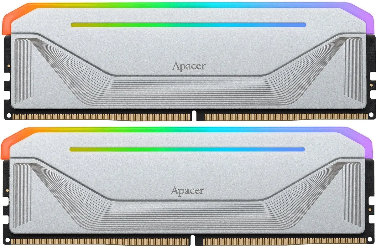Apacer AH5U64G56C522NWAA-2 DDR5 два модуля 64 ГБ с RGB-подсветкой и серебристым радиатором