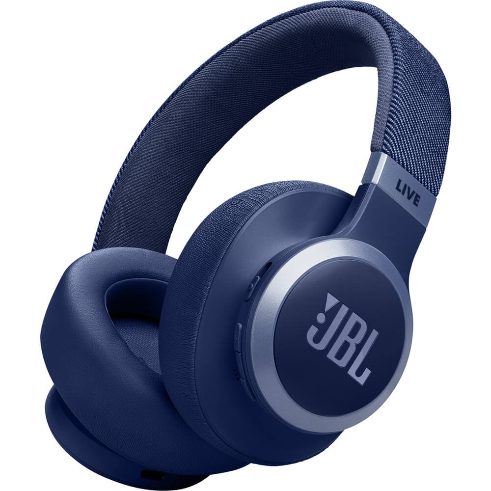 JBL Live 770NC вид спереди — мягкие амбушюры и сетчатый оголовник синего цвета