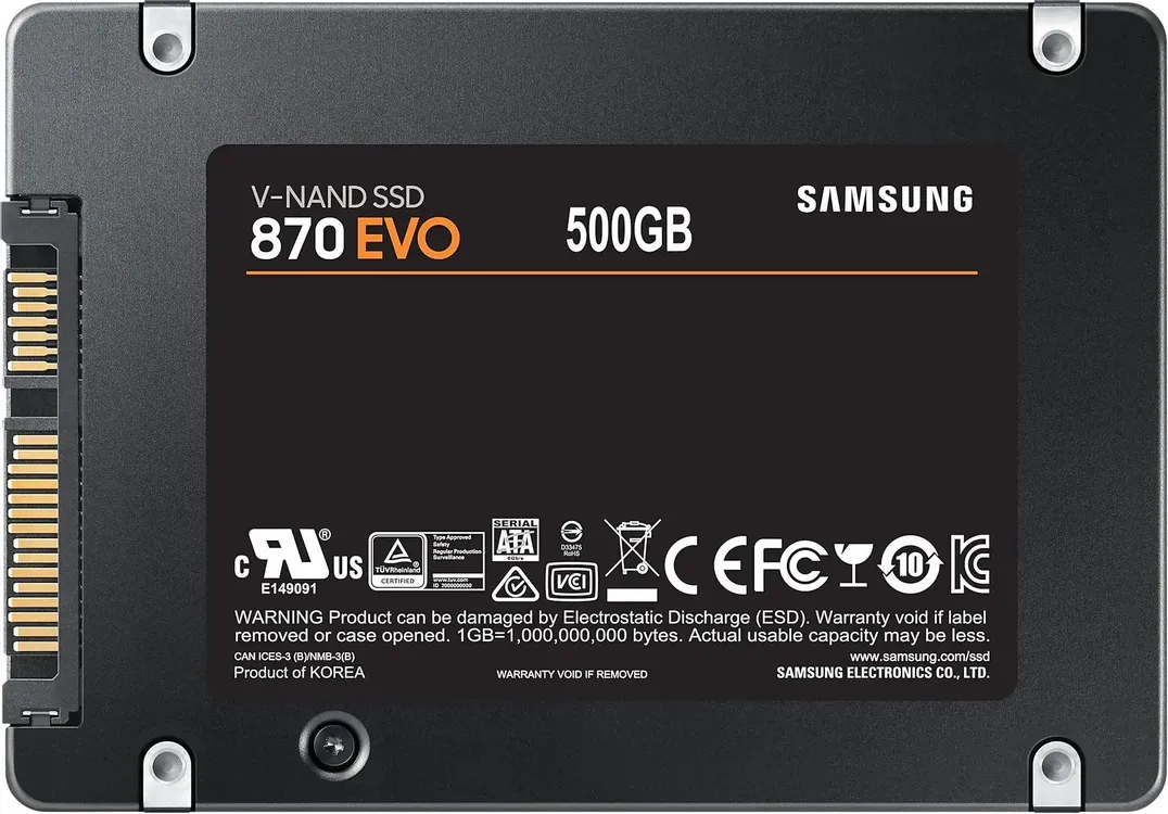 Samsung 870 EVO 500 ГБ задняя панель — разъём SATA, маркировка V-NAND SSD и спецификации