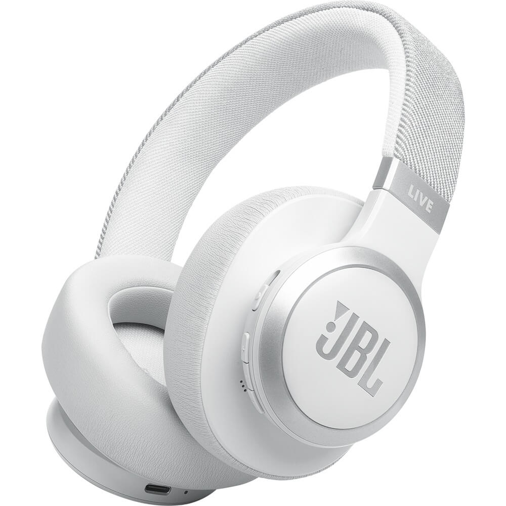 JBL Live 770NC белый трёхчетвертной вид спереди, амбушюры и сетчатое оголовье