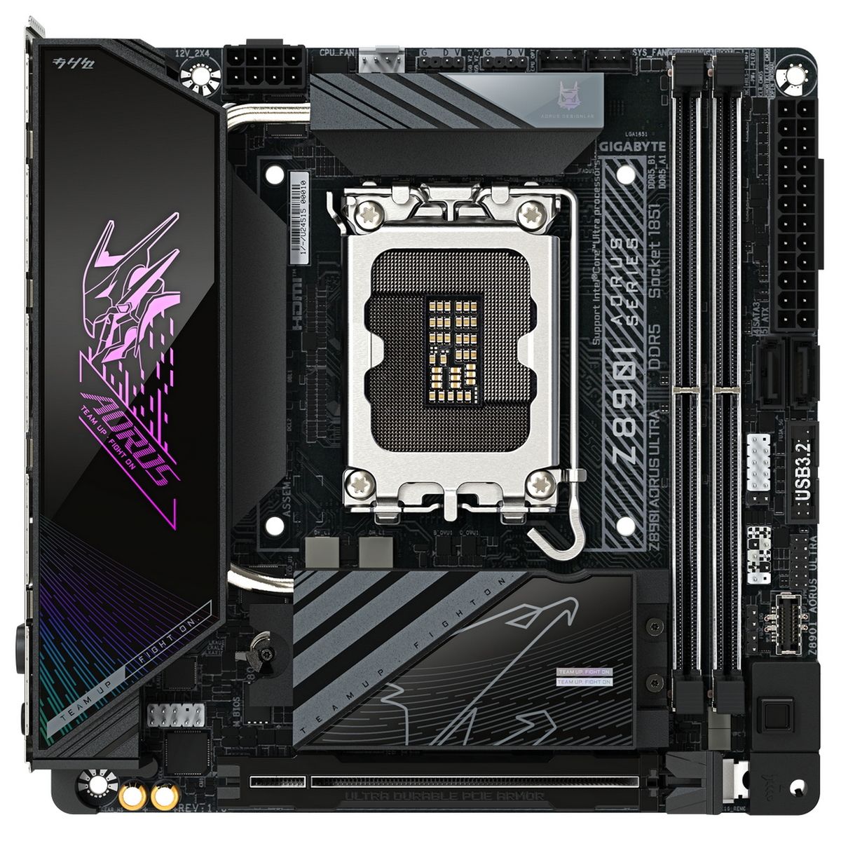 Gigabyte Z890i Aorus Ultra вид сверху — сокет LGA 1851, слоты DDR5, радиаторы M.2 и VRM с подсветкой