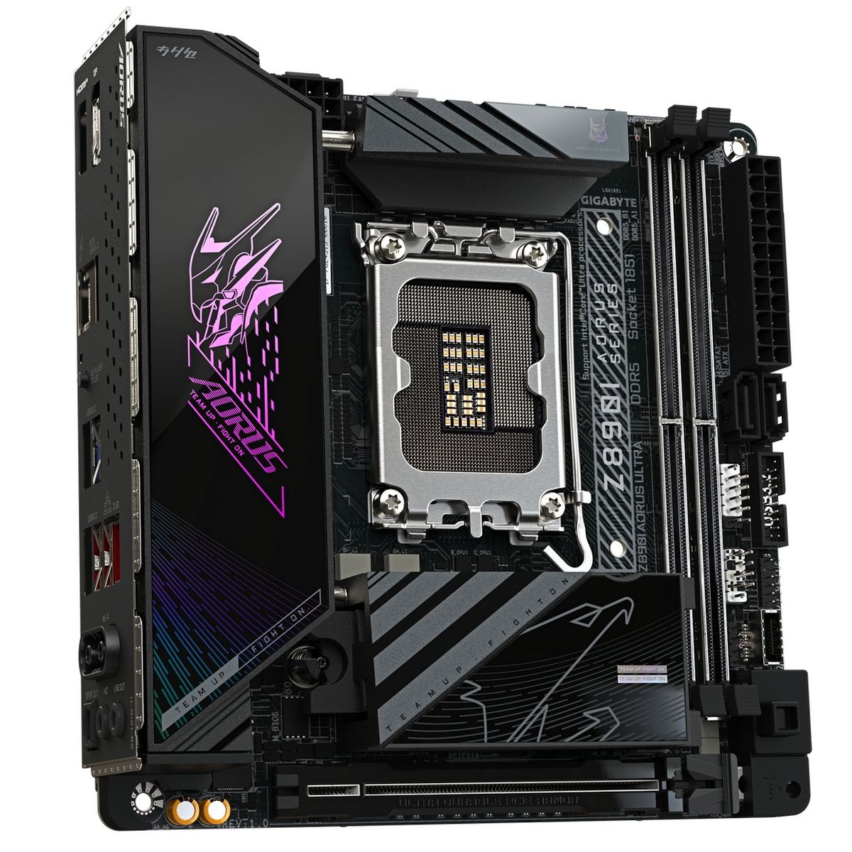 Gigabyte Z890i Aorus Ultra боковой вид — слоты PCIe, разъёмы питания кулера, компактный mATX-формат с геймерским дизайном