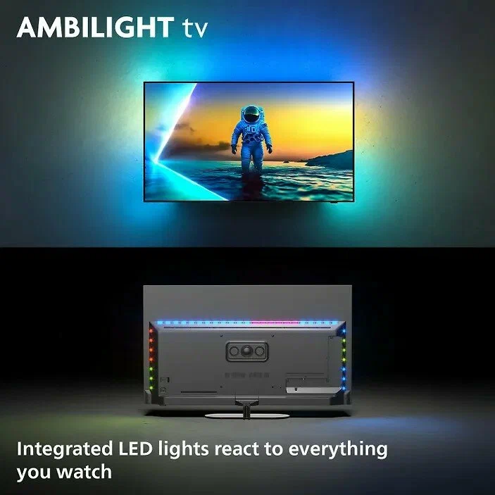Philips 65OLED820 вид спереди с включённым Ambilight и активной подсветкой стены